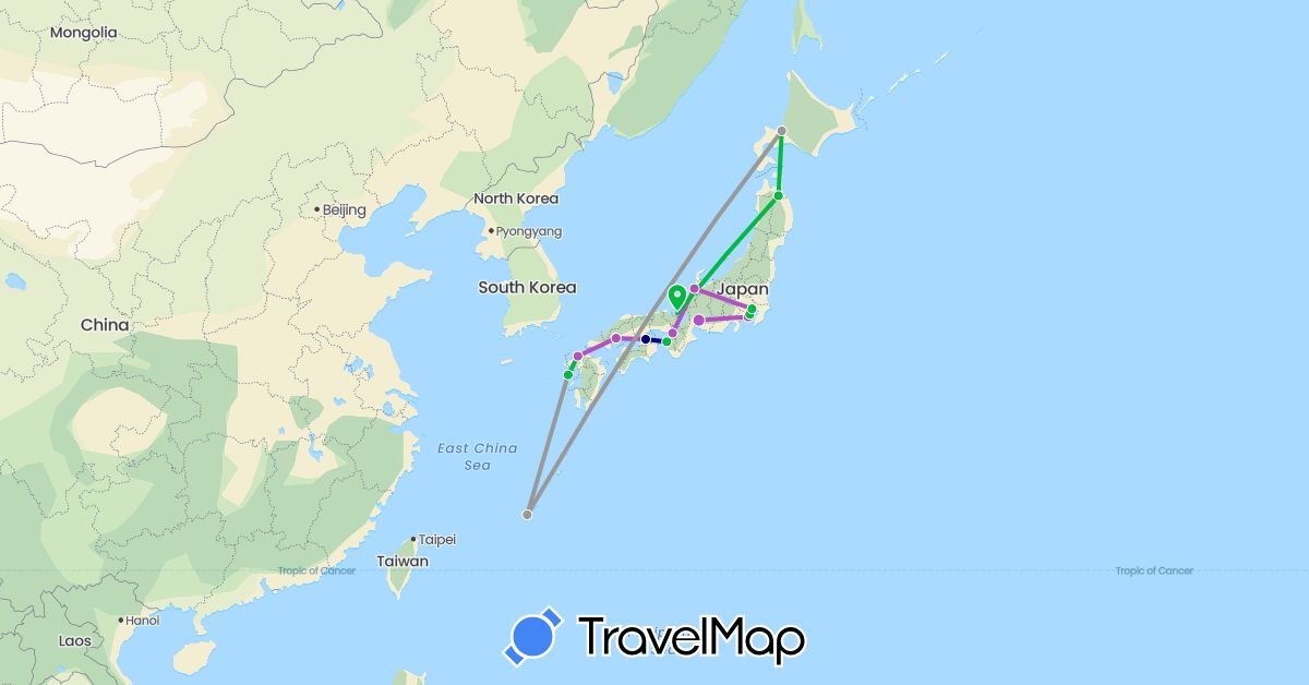 TravelMap itinerary: driving, bus, plane, train in Japan (Asia)